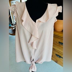 Pink and white stripe, seersucker, ruffle faux-wrap top with tie hem. XL